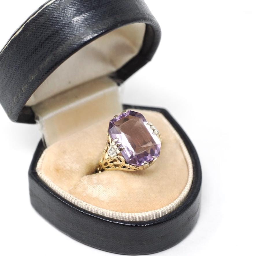 Vintage Amethyst Ring - Art Deco 14k Yellow Gold Filigree Emerald Cut Purple Gem - Circa 1930s Era Size 6 3/4 Floral Two Tone Fine Jewelry