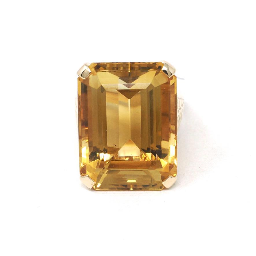 Vintage Citrine Ring - Retro 14k Yellow Gold Emerald Cut Natural Orange Yellow Gemstone Statement - Circa 1970s Era Size 7 1/2 Fine Jewelry