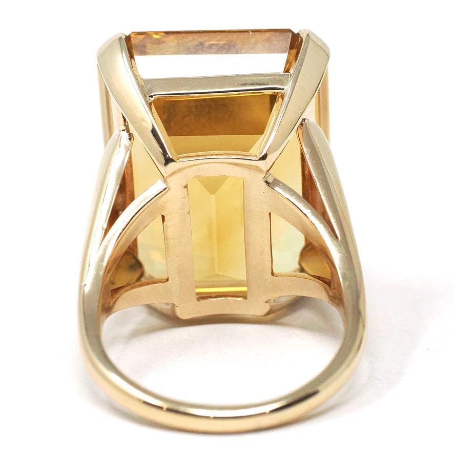 Vintage Citrine Ring - Retro 14k Yellow Gold Emerald Cut Natural Orange Yellow Gemstone Statement - Circa 1970s Era Size 7 1/2 Fine Jewelry