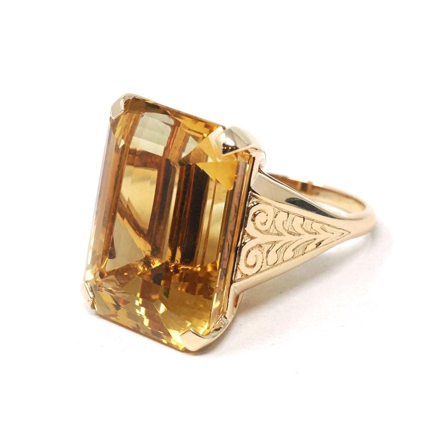 Vintage Citrine Ring - Retro 14k Yellow Gold Emerald Cut Natural Orange Yellow Gemstone Statement - Circa 1970s Era Size 7 1/2 Fine Jewelry