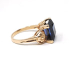 Vintage Created Sapphire Ring - Mid Century 10k Yellow Gold French Cut Square Blue Stone Solitaire - Circa 1940s Era Size 6 1/2 Fine Jewelry