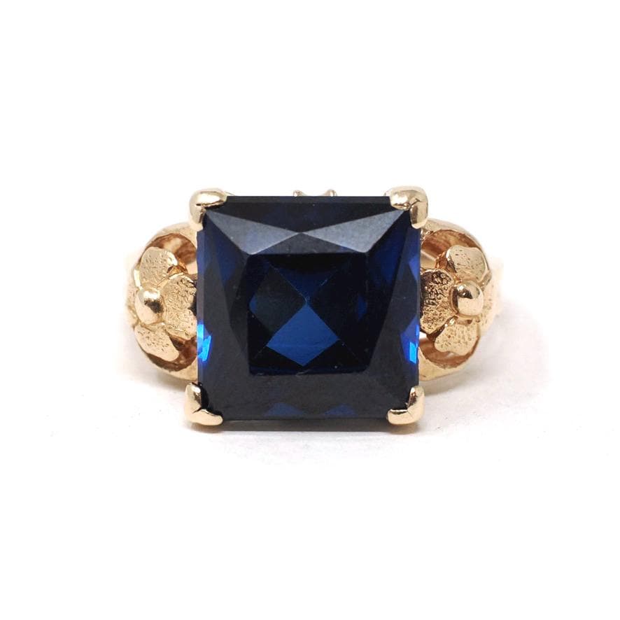Vintage Created Sapphire Ring - Mid Century 10k Yellow Gold French Cut Square Blue Stone Solitaire - Circa 1940s Era Size 6 1/2 Fine Jewelry