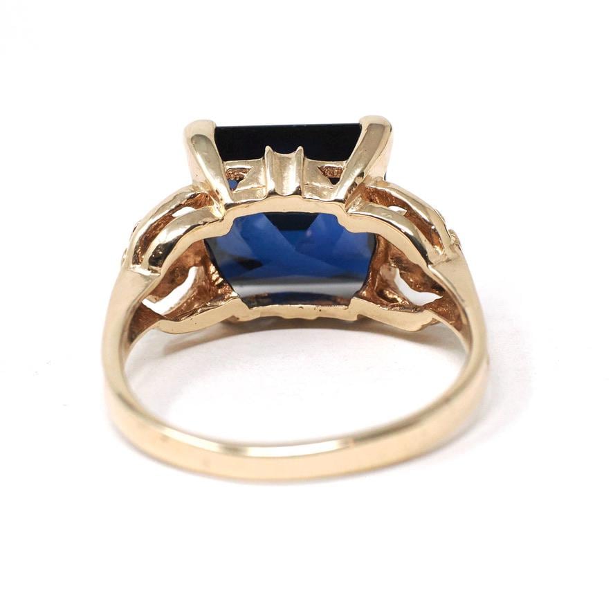 Vintage Created Sapphire Ring - Mid Century 10k Yellow Gold French Cut Square Blue Stone Solitaire - Circa 1940s Era Size 6 1/2 Fine Jewelry