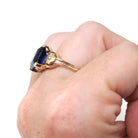 Vintage Created Sapphire Ring - Mid Century 10k Yellow Gold French Cut Square Blue Stone Solitaire - Circa 1940s Era Size 6 1/2 Fine Jewelry