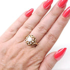 Opal Flower Ring - Modernist Era 10k Yellow Gold Natural Gemstone Cluster Halo - Circa 1970s Size 7 Floral Fine October Birthstone Jewelry