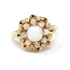 Opal Flower Ring - Modernist Era 10k Yellow Gold Natural Gemstone Cluster Halo - Circa 1970s Size 7 Floral Fine October Birthstone Jewelry