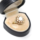 Opal Flower Ring - Modernist Era 10k Yellow Gold Natural Gemstone Cluster Halo - Circa 1970s Size 7 Floral Fine October Birthstone Jewelry