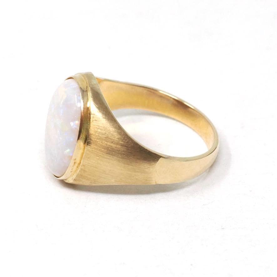 Modern Opal Ring - Estate 14k Yellow Gold Natural Oval Cabochon Gemstone Signet - Circa 2000s Era Size 9 1/2 Fine October Birthstone Jewelry
