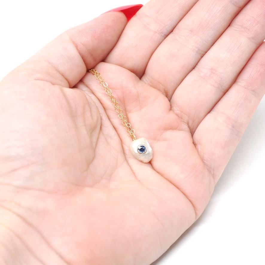 Pearl & Sapphire Charm Necklace - Antique 14k Yellow Gold Freshwater Cultured Pearl Stick Pin Conversion Pendant - Circa 1900s Fine Jewelry