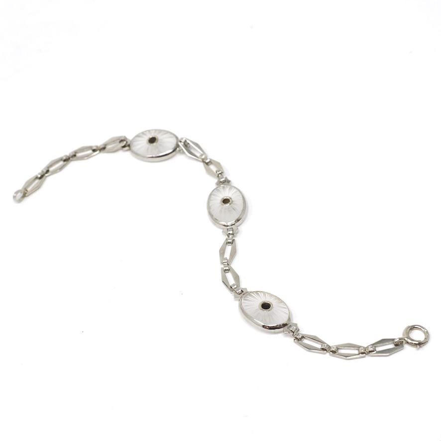 Rock Crystal Quartz Bracelet - Art Deco 14k White Gold Natural Diamond & Sapphire Accents - Circa 1930s Era Filigree Fine Panel Link Jewelry