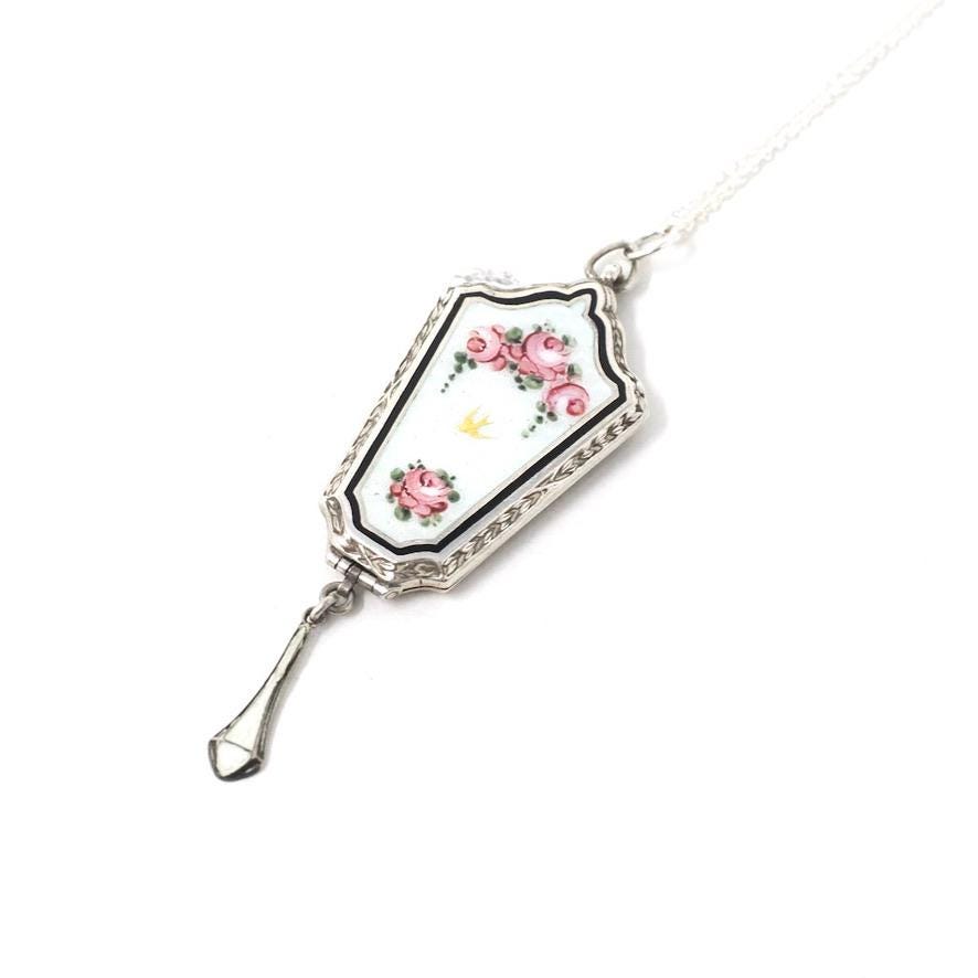 Antique Flower Locket - Art Deco Sterling Silver Floral & Bird Guilloche Enamel Necklace Pendant - Circa 1920s Rose Tassel Keepsake Jewelry