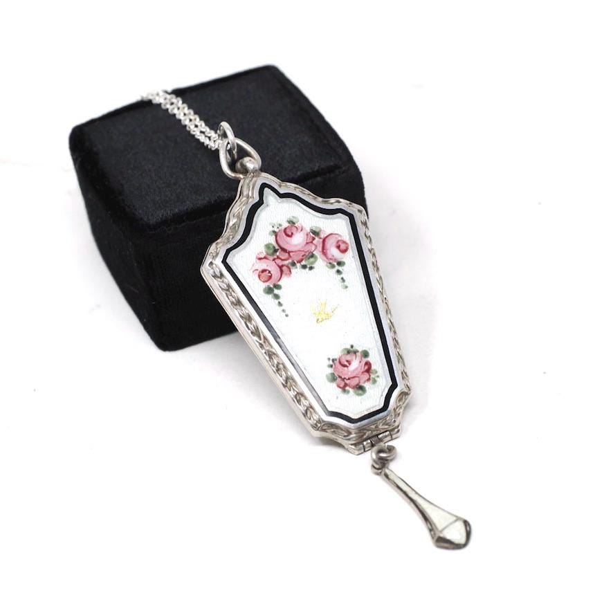 Antique Flower Locket - Art Deco Sterling Silver Floral & Bird Guilloche Enamel Necklace Pendant - Circa 1920s Rose Tassel Keepsake Jewelry