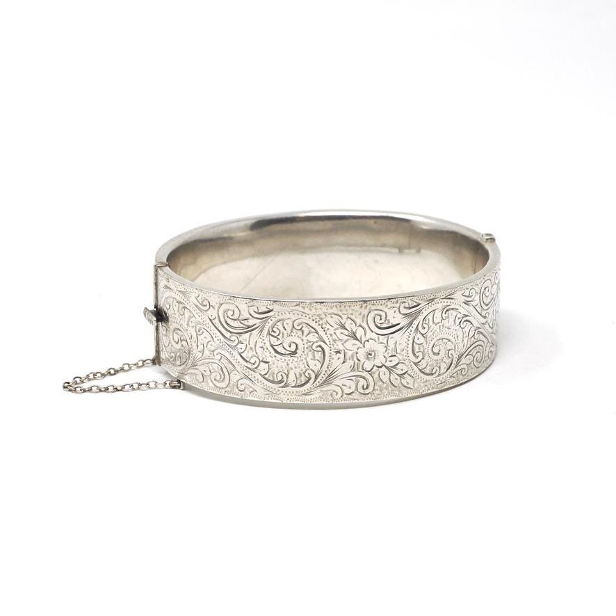 Antique Floral Bangle - Art Deco Sterling Silver Engraved Nature Leaf Designs - Hallmarked 1938 Wide Stacking Hinged Birmingham Jewelry