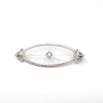Art Deco Brooch - Vintage 14k White Gold Marquise Filigree & .06 CT Natural Diamond Pin - Circa 1930s Era Rock Crystal Quartz Fine Jewelry