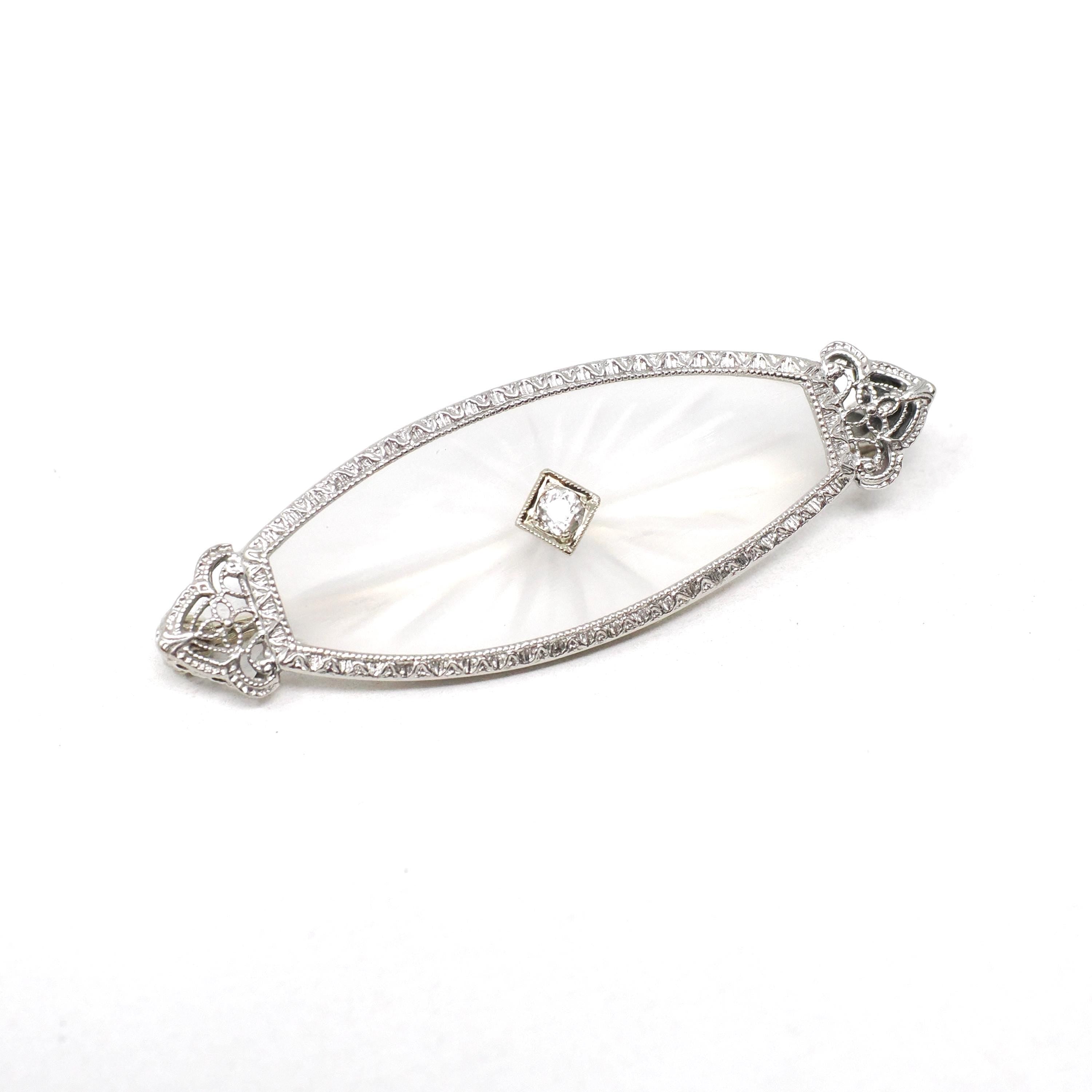 Art Deco Brooch - Vintage 14k White Gold Marquise Filigree & .06 CT Natural Diamond Pin - Circa 1930s Era Rock Crystal Quartz Fine Jewelry