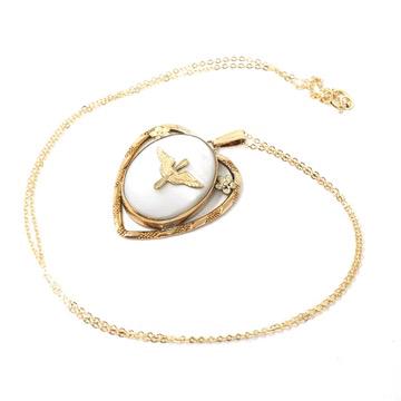 Vintage Aviation Locket - Mid Century Gold Filled Over Sterling Prop & Wings Heart Flower Necklace - Circa 1940s Era Mother Of Pearl Jewelry