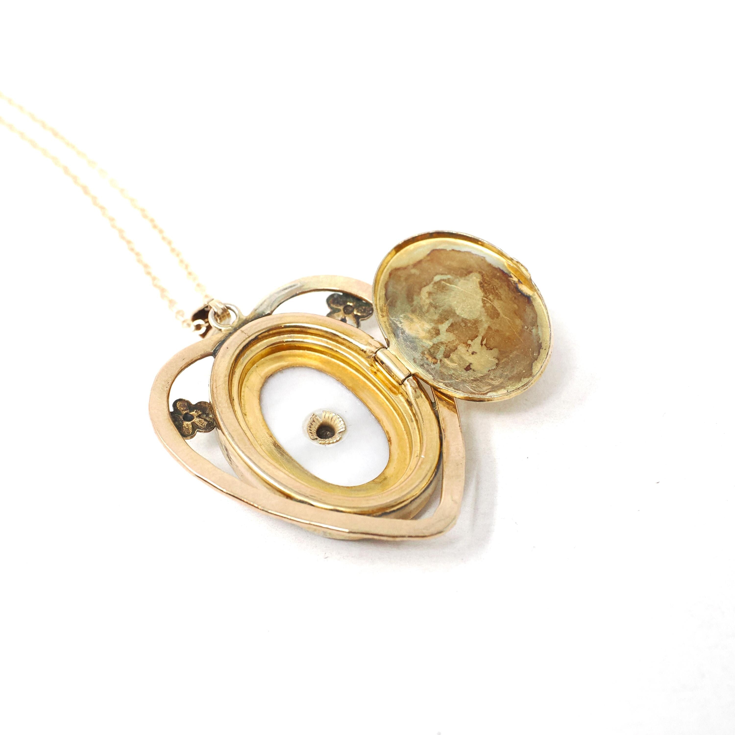 Vintage Aviation Locket - Mid Century Gold Filled Over Sterling Prop & Wings Heart Flower Necklace - Circa 1940s Era Mother Of Pearl Jewelry