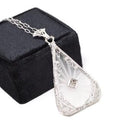 Rock Crystal Quartz Necklace - Art Deco 14k White Gold Oval Natural Diamond Pendant - Antique Circa 1930s Statement Filigree Fine Jewelry