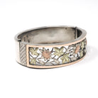 Antique Floral Bangle - Victorian Sterling Silver Pierced Floral Tri Tone Bracelet - Circa 1880s Rose & Yellow Gold Accented Fashion Jewelry