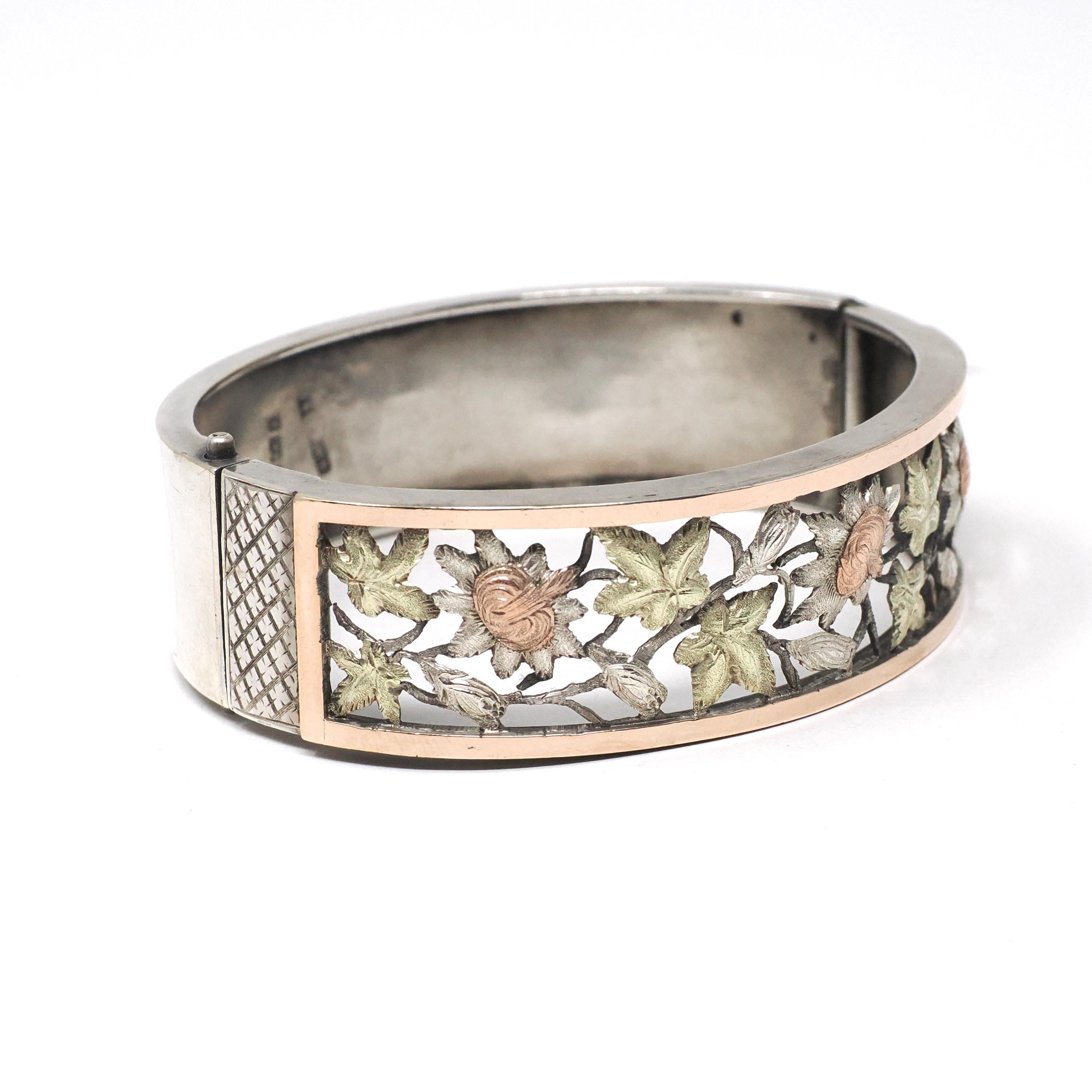 Antique Floral Bangle - Victorian Sterling Silver Pierced Floral Tri Tone Bracelet - Circa 1880s Rose & Yellow Gold Accented Fashion Jewelry