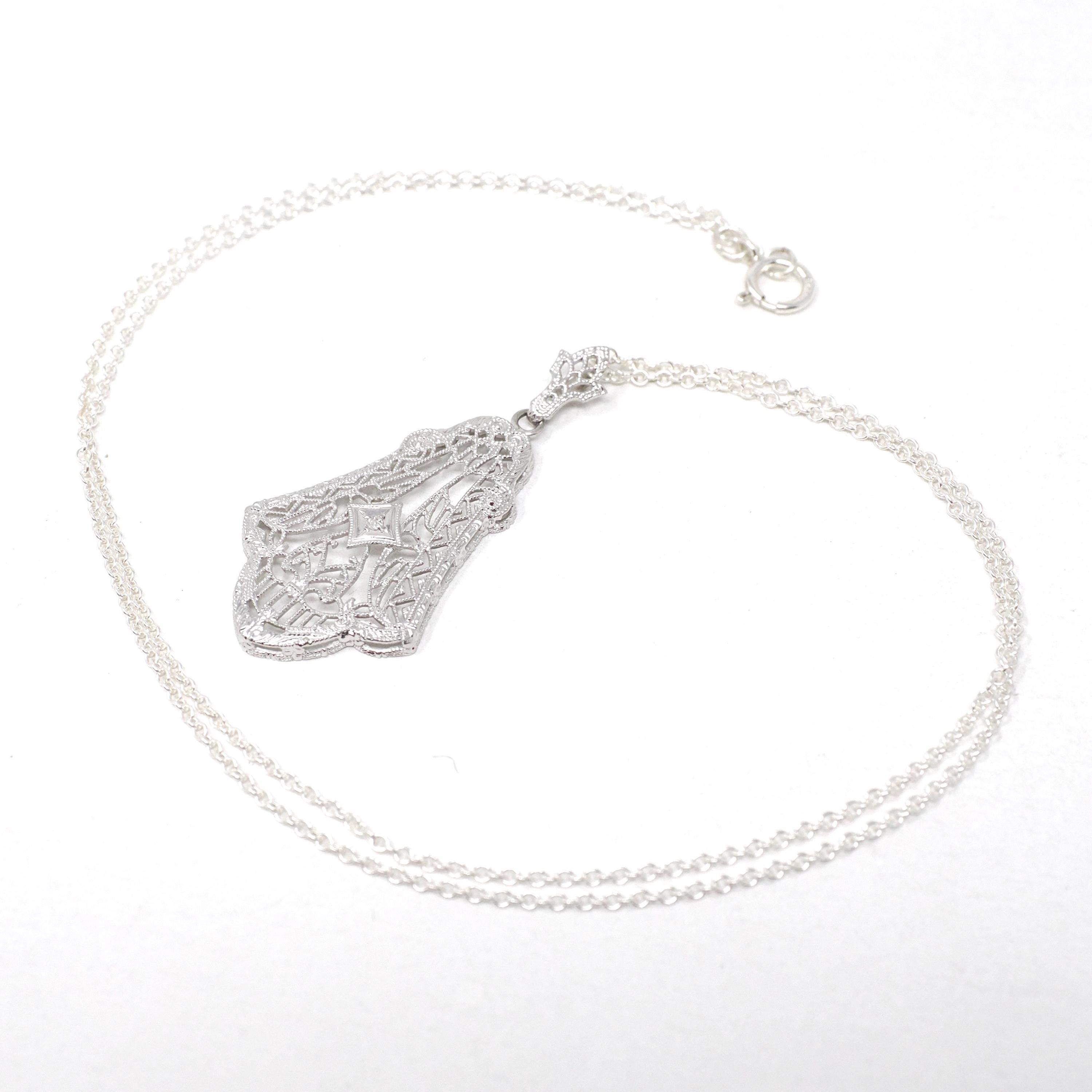 Art Deco Necklace - Vintage 10k White Gold .07 CT Diamond Lavalier Necklace - Circa 1930s Era Lacy Filigree Statement Fine Esemco Jewelry