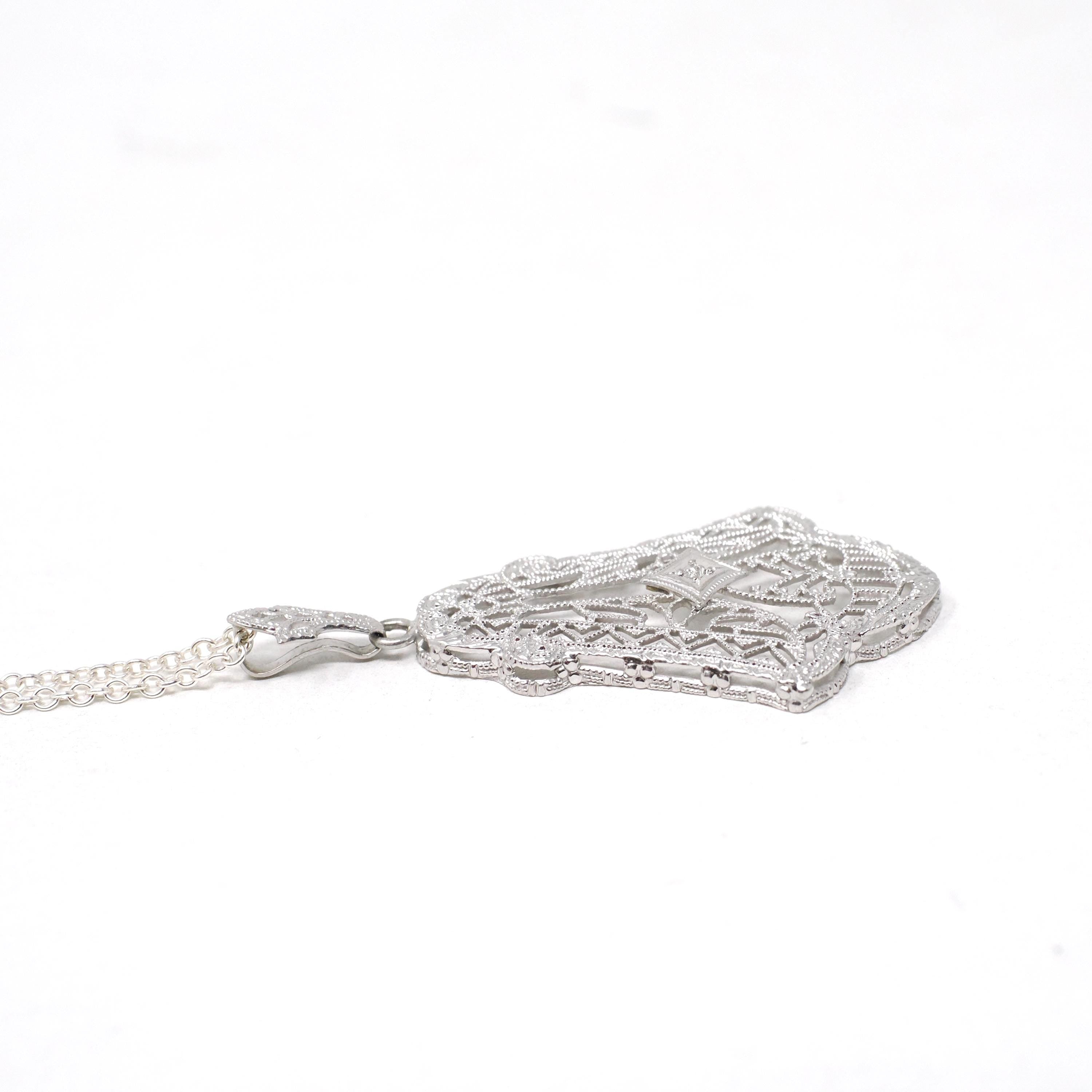 Art Deco Necklace - Vintage 10k White Gold .07 CT Diamond Lavalier Necklace - Circa 1930s Era Lacy Filigree Statement Fine Esemco Jewelry