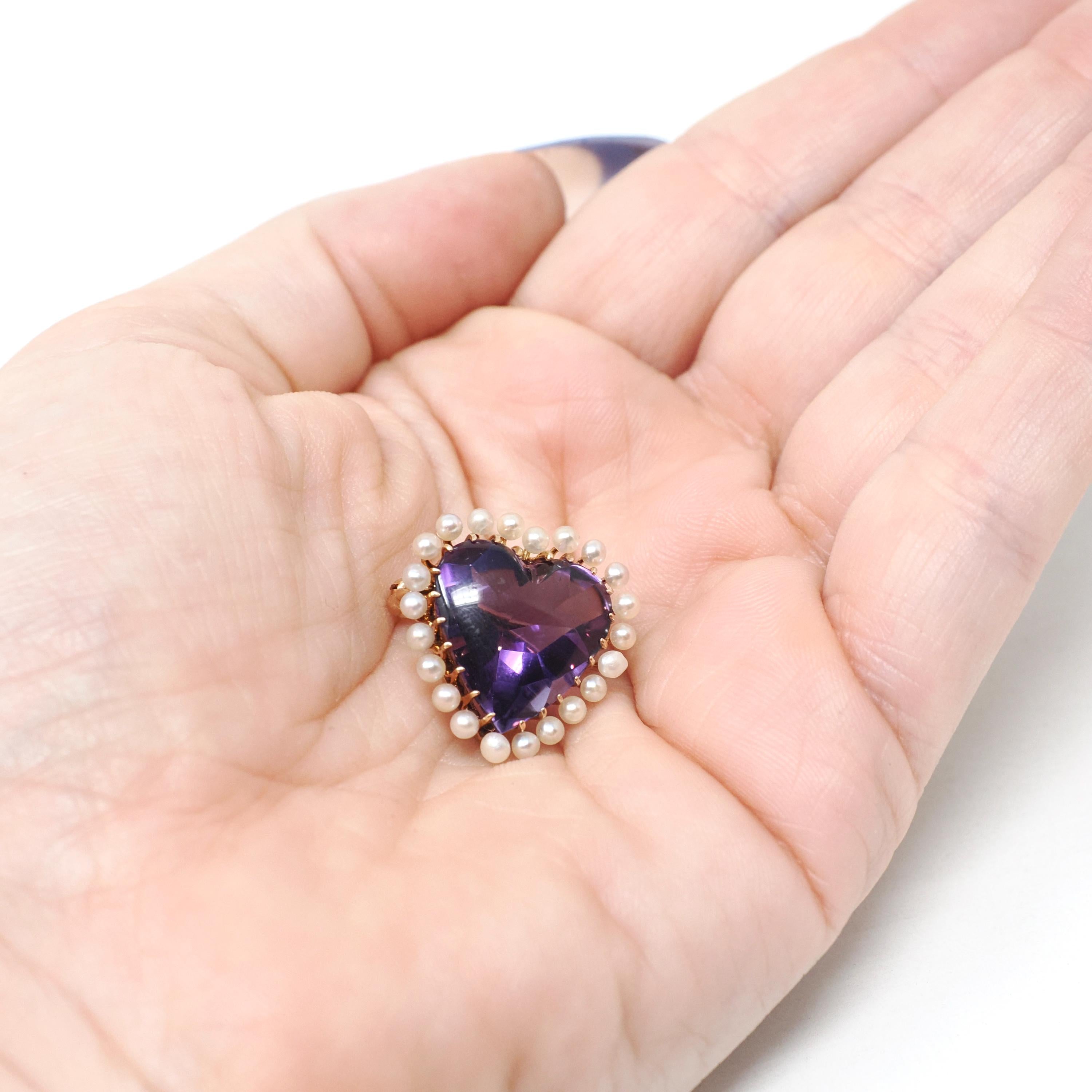 Vintage Heart Brooch - Mid Century 14k Yellow Gold Purple Amethyst & Seed Pearl Halo Pin - Circa 1940s February June Birthstone Fine Jewelry