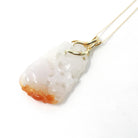 Carved Jadeite Pendant - Estate 14k Yellow Gold Orange & White Gemstone - Circa 2000s Fine Nature Inspired Leafy Branch Statement Jewelry