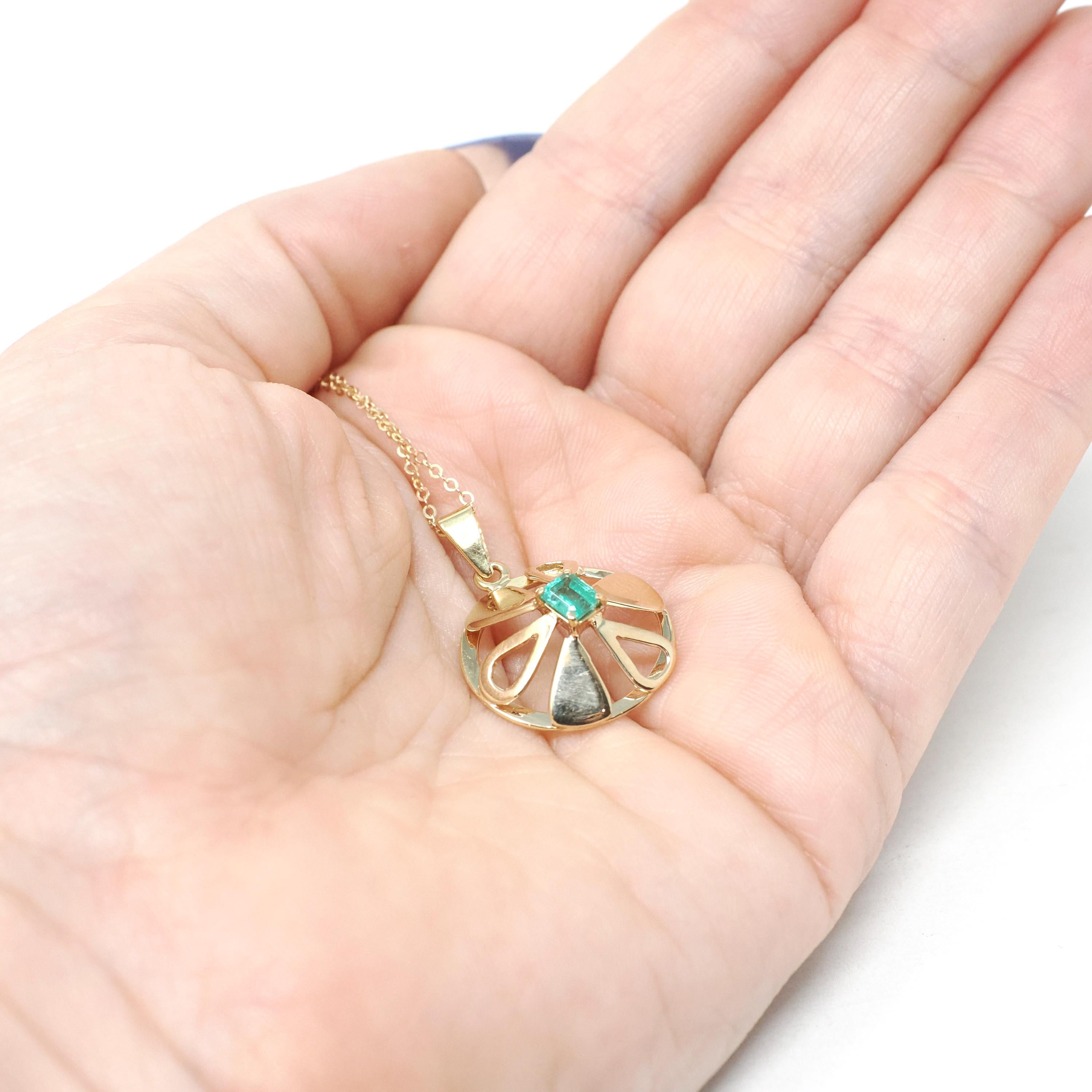 Emerald Flower Pendant - Modern 18k Yellow Gold Natural .30 CT Emerald Cut Natural Emerald Gem - Circa 1980s Petite Medallion Fine Jewelry