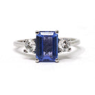 Tanzanite & Diamond Ring - Estate Platinum Natural Violet Blue Emerald Cut Gem Engagement - Modern Era Three Stone Size 6 1/2 Fine Jewelry