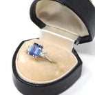 Tanzanite & Diamond Ring - Estate Platinum Natural Violet Blue Emerald Cut Gem Engagement - Modern Era Three Stone Size 6 1/2 Fine Jewelry