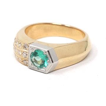 Emerald & Diamond Ring - Modern Era 14k Yellow Gold Platinum Natural Green Gemstone - Art Deco Style Size 8 1/4 Edward Petri Fine Jewelry