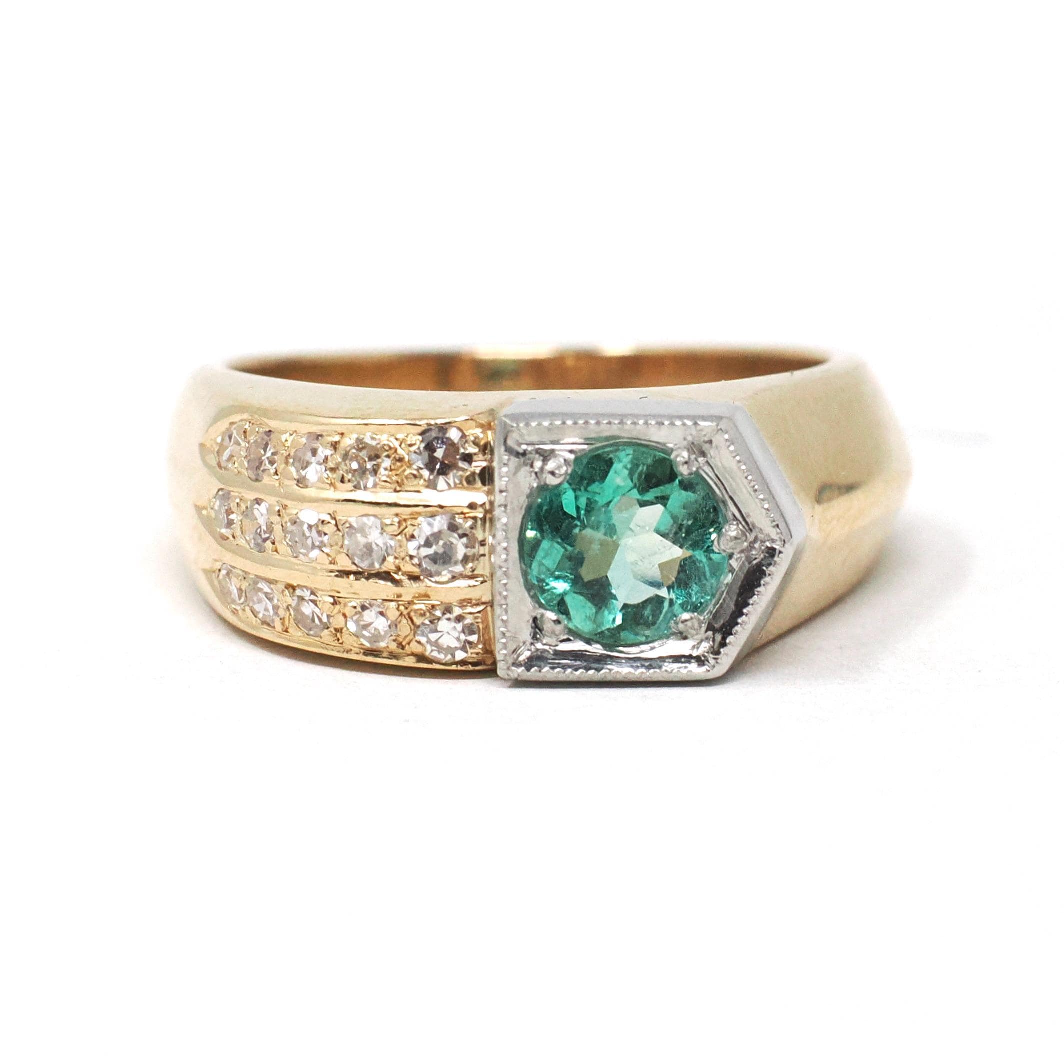 Emerald & Diamond Ring - Modern Era 14k Yellow Gold Platinum Natural Green Gemstone - Art Deco Style Size 8 1/4 Edward Petri Fine Jewelry