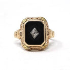 Vintage Onyx Ring - Art Deco 14k Yellow Gold Emerald Cut Natural Black Chalcedony Gem - Circa 1930s Era Size 5 3/4 Filigree Fine 30s Jewelry