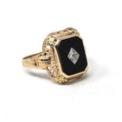 Vintage Onyx Ring - Art Deco 14k Yellow Gold Emerald Cut Natural Black Chalcedony Gem - Circa 1930s Era Size 5 3/4 Filigree Fine 30s Jewelry