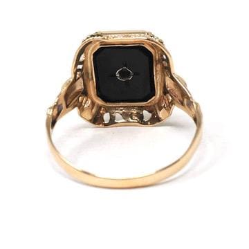 Vintage Onyx Ring - Art Deco 14k Yellow Gold Emerald Cut Natural Black Chalcedony Gem - Circa 1930s Era Size 5 3/4 Filigree Fine 30s Jewelry