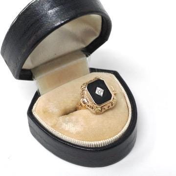 Vintage Onyx Ring - Art Deco 14k Yellow Gold Emerald Cut Natural Black Chalcedony Gem - Circa 1930s Era Size 5 3/4 Filigree Fine 30s Jewelry