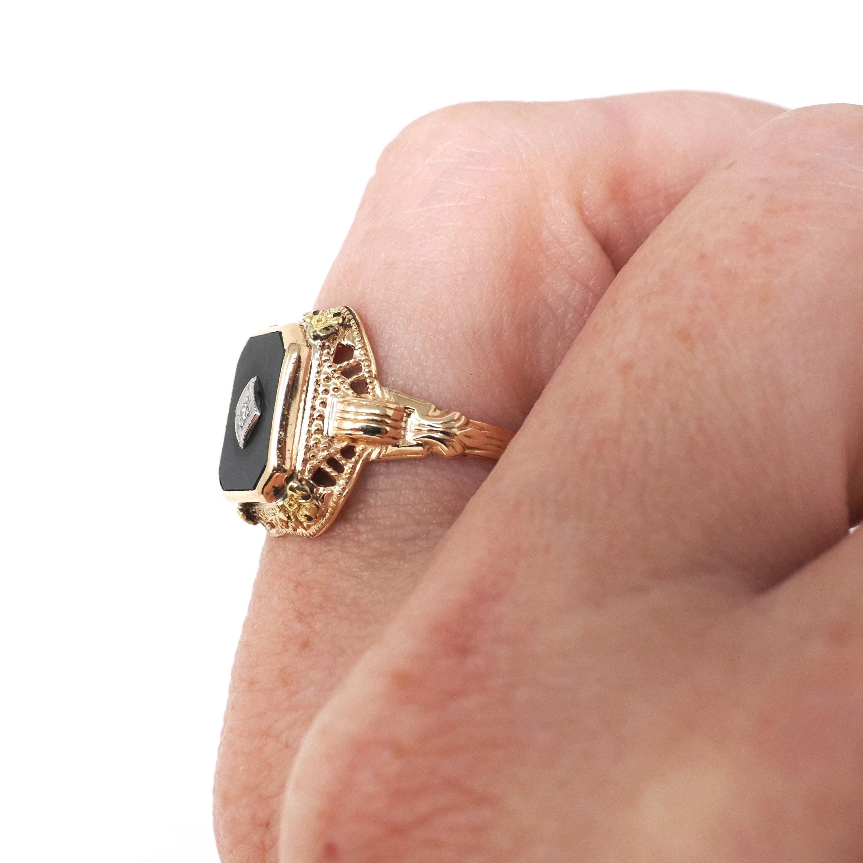 Vintage Onyx Ring - Art Deco 14k Yellow Gold Emerald Cut Natural Black Chalcedony Gem - Circa 1930s Era Size 5 3/4 Filigree Fine 30s Jewelry