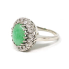 Vintage Jadeite Ring - Mid Century 14k White Gold Natural Green Cabochon Cut Gemstone - Circa 1960s Era Size 6 1/4 Diamond Halo Fine Jewelry