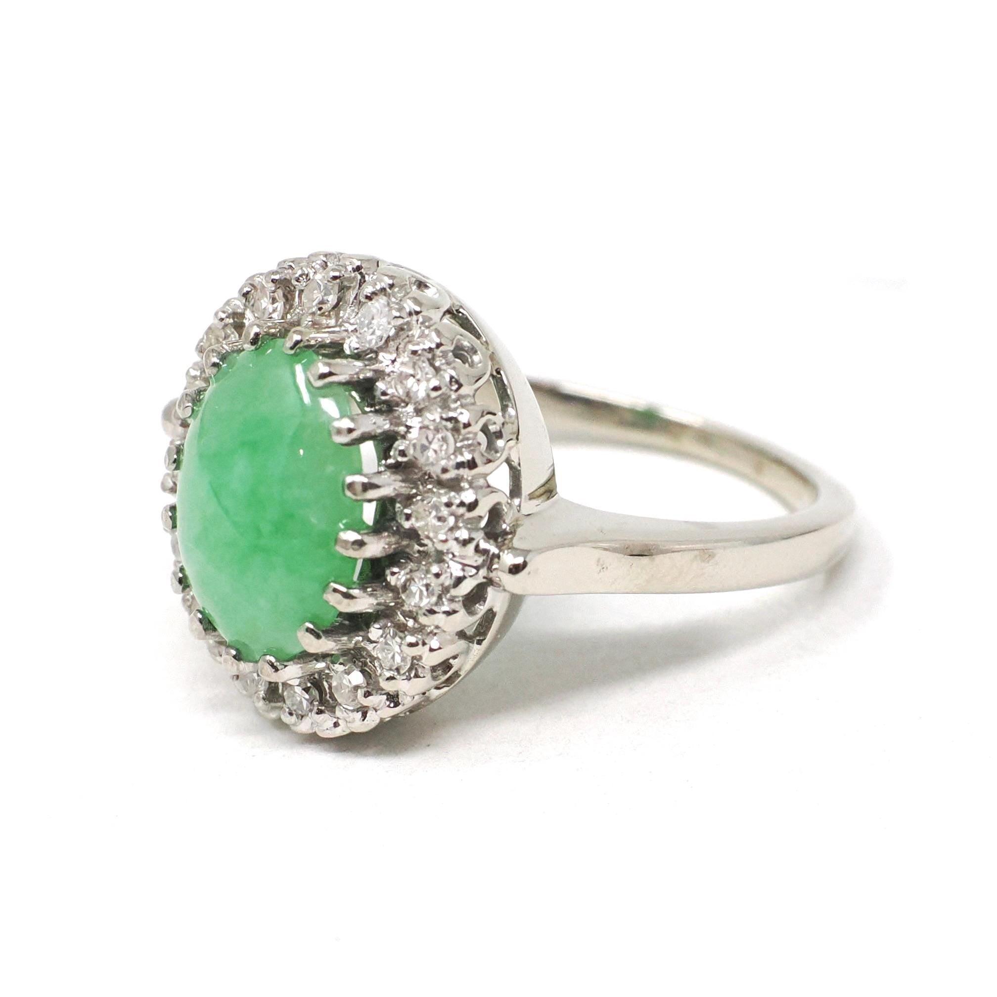 Vintage Jadeite Ring - Mid Century 14k White Gold Natural Green Cabochon Cut Gemstone - Circa 1960s Era Size 6 1/4 Diamond Halo Fine Jewelry