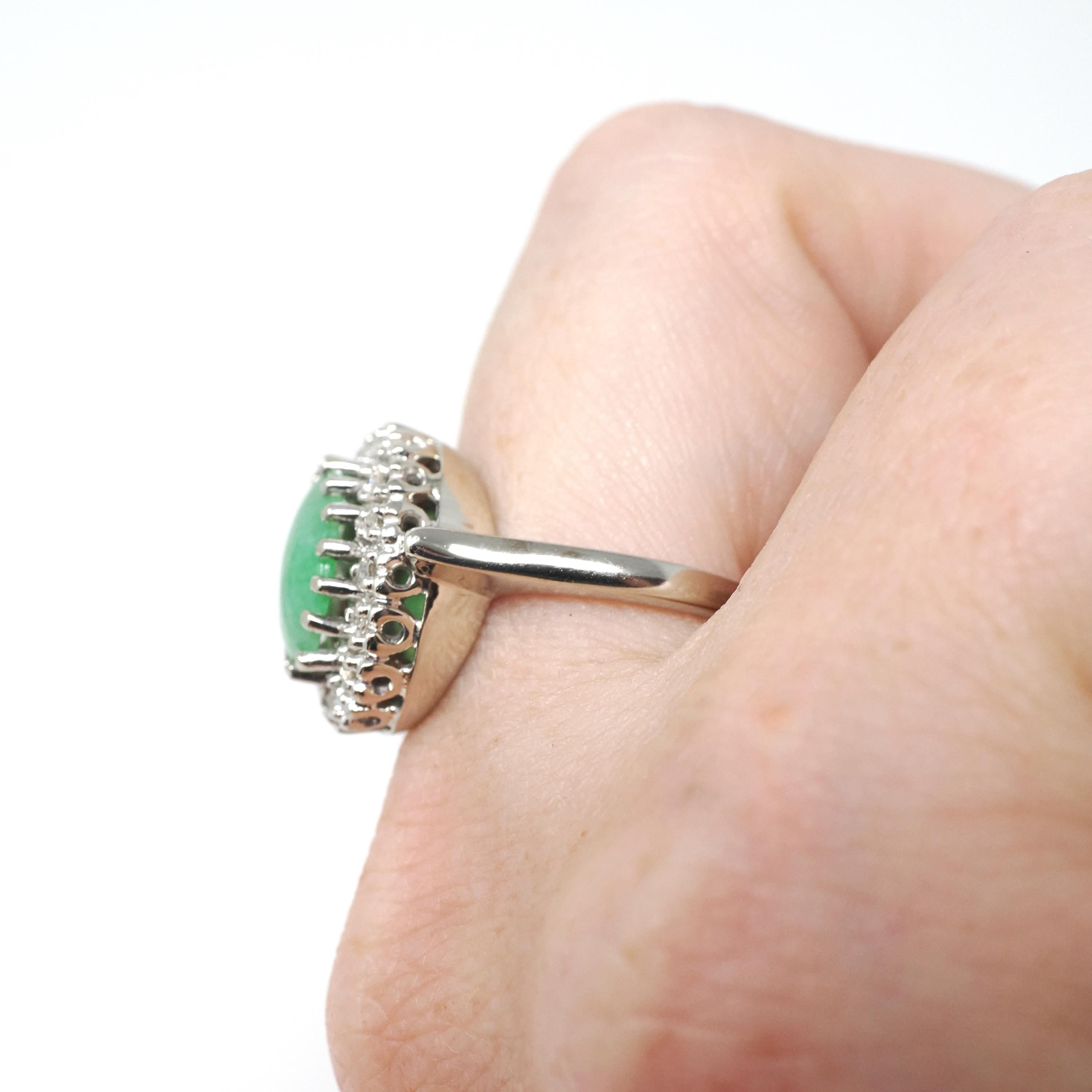 Vintage Jadeite Ring - Mid Century 14k White Gold Natural Green Cabochon Cut Gemstone - Circa 1960s Era Size 6 1/4 Diamond Halo Fine Jewelry
