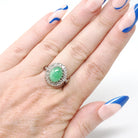 Vintage Jadeite Ring - Mid Century 14k White Gold Natural Green Cabochon Cut Gemstone - Circa 1960s Era Size 6 1/4 Diamond Halo Fine Jewelry