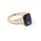 Created Sapphire Ring - Estate 14k Yellow Gold Blue French Cut 3.20 CT Gem - Modern Era Size 7 Diamond .22 CTW Accent Statement Fine Jewelry