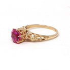 Created Ruby Ring - Art Deco 10k Yellow Gold Round Reddish Pink Filigree Solitaire - Circa 1930s Era Size 5 1/2 July Birthstone Fine Jewelry