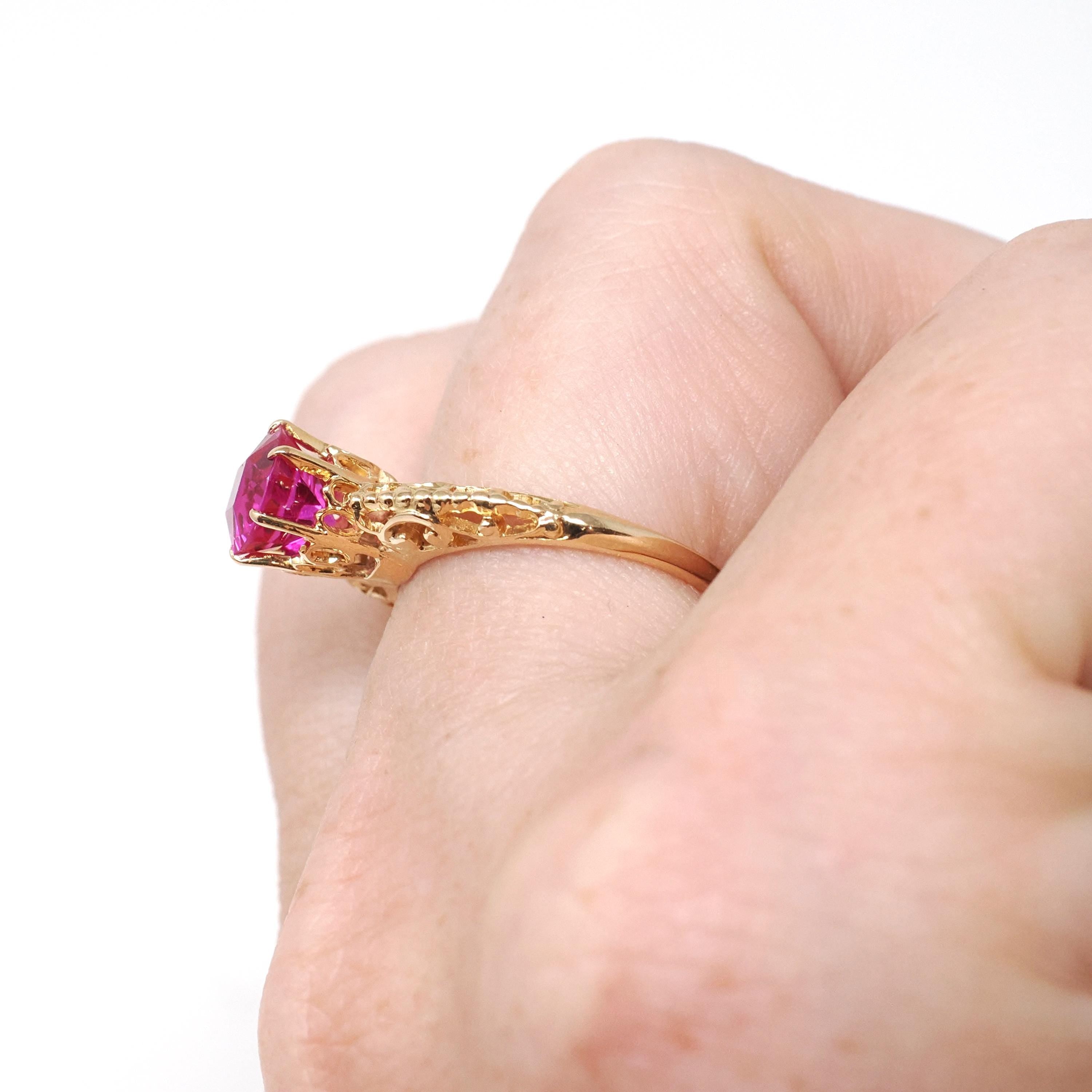 Created Ruby Ring - Art Deco 10k Yellow Gold Round Reddish Pink Filigree Solitaire - Circa 1930s Era Size 5 1/2 July Birthstone Fine Jewelry