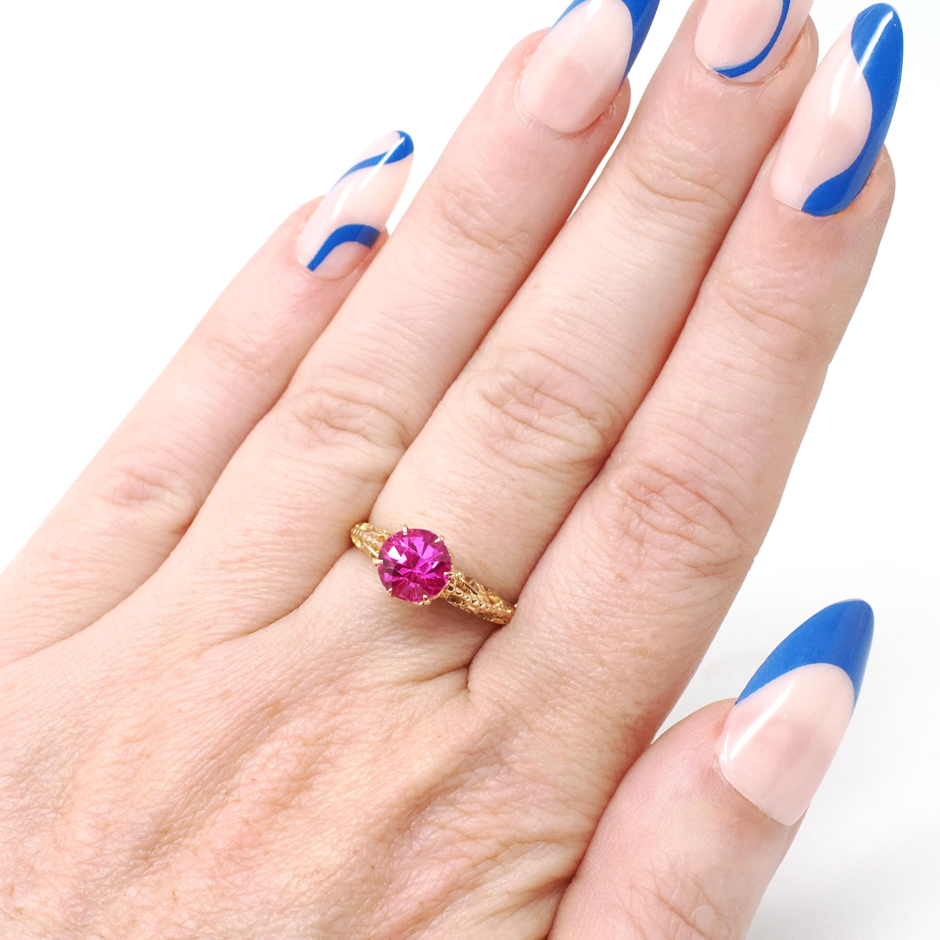 Created Ruby Ring - Art Deco 10k Yellow Gold Round Reddish Pink Filigree Solitaire - Circa 1930s Era Size 5 1/2 July Birthstone Fine Jewelry