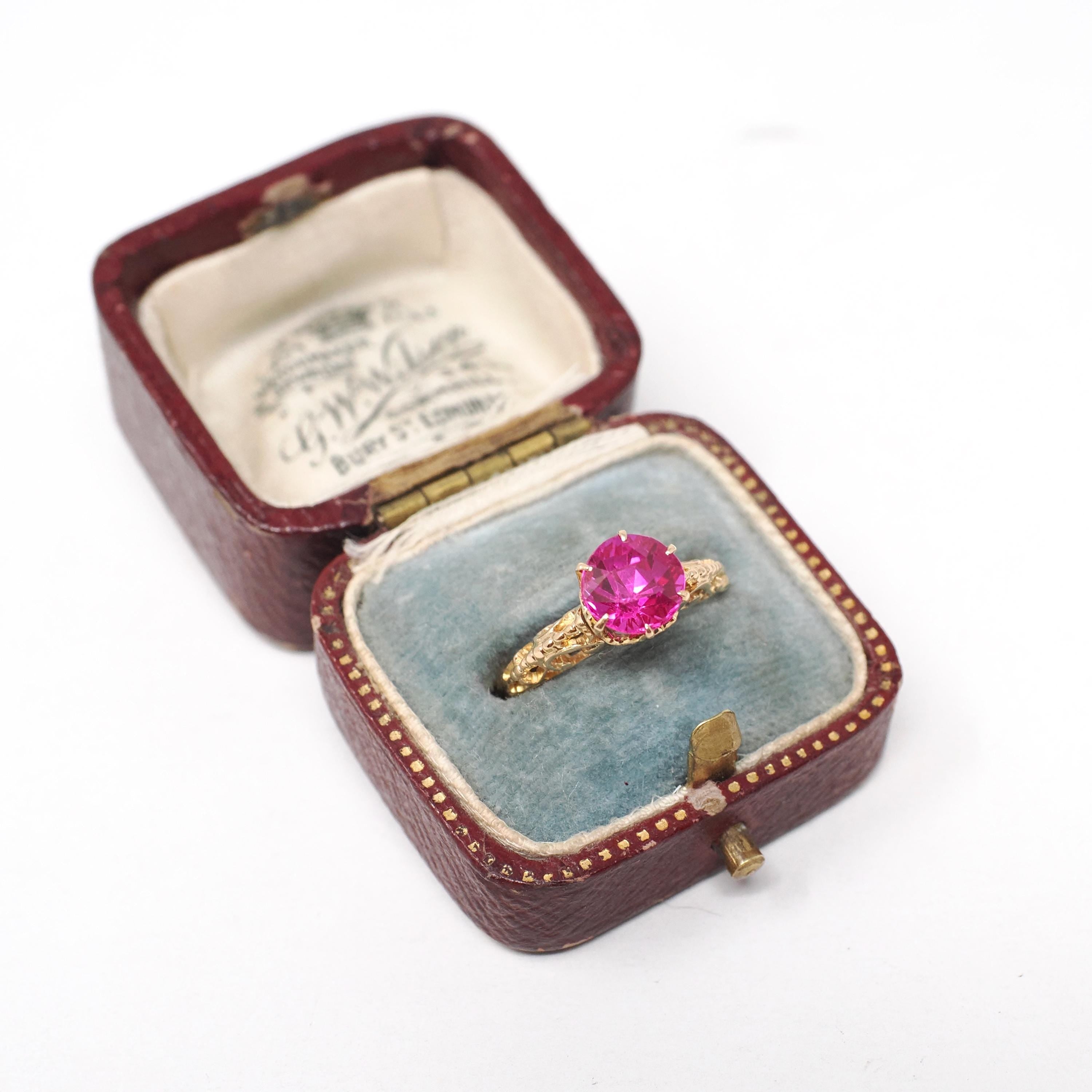 Created Ruby Ring - Art Deco 10k Yellow Gold Round Reddish Pink Filigree Solitaire - Circa 1930s Era Size 5 1/2 July Birthstone Fine Jewelry