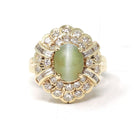 Chrysoberyl Halo Ring - Modern 14k Yellow Gold Green Cat's Eye Gem & Diamond Accents - Estate Circa 1990s Size 4 1/2 Fine Statement Jewelry