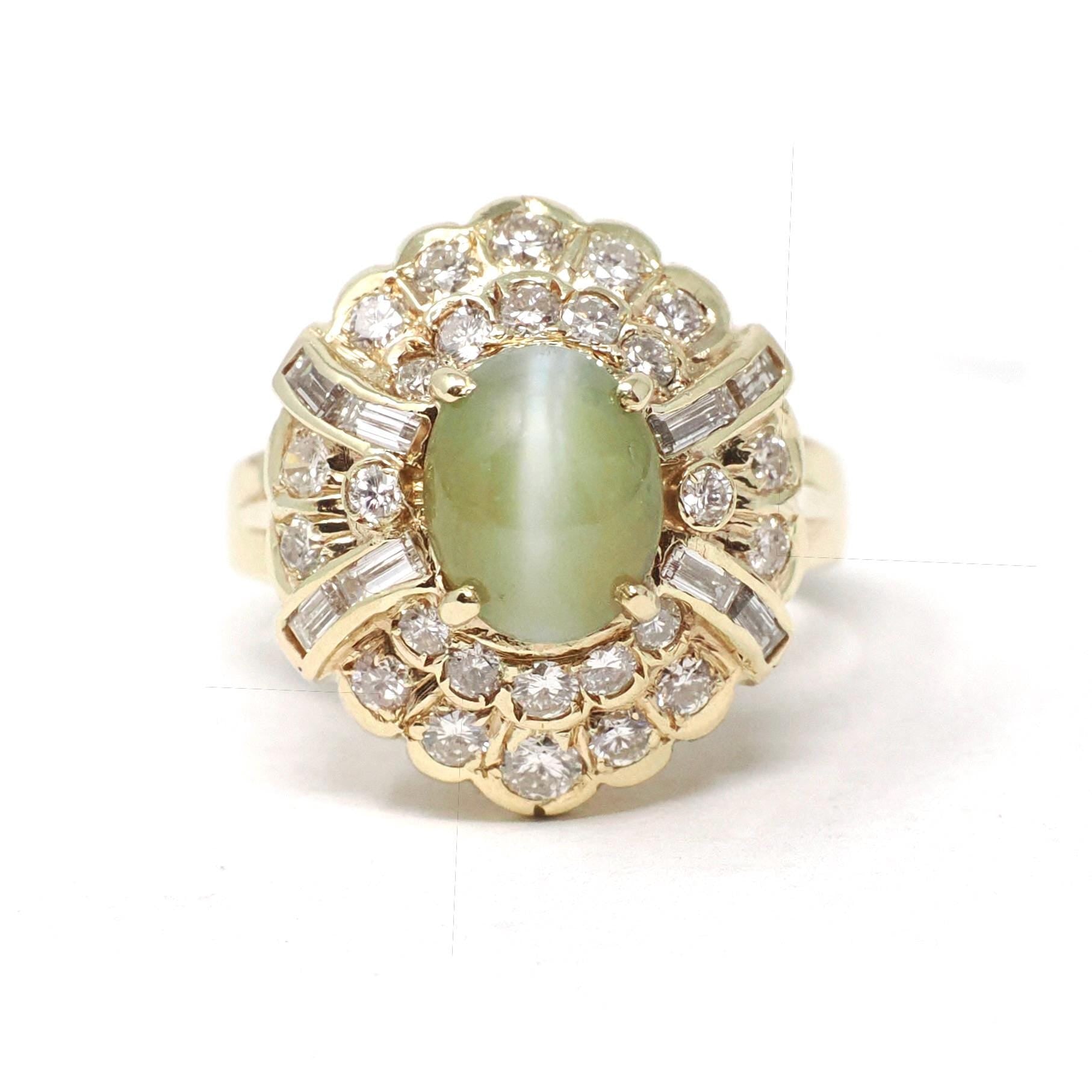 Chrysoberyl Halo Ring - Modern 14k Yellow Gold Green Cat's Eye Gem & Diamond Accents - Estate Circa 1990s Size 4 1/2 Fine Statement Jewelry