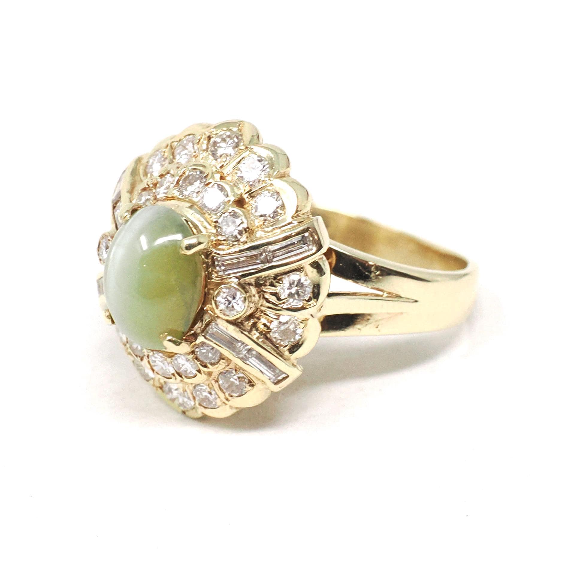Chrysoberyl Halo Ring - Modern 14k Yellow Gold Green Cat's Eye Gem & Diamond Accents - Estate Circa 1990s Size 4 1/2 Fine Statement Jewelry